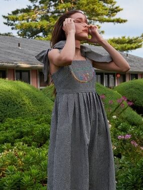 WHIT Whitney Pozgay Picnic Dress Black White Gingham Watermelon Embroidery sz 4